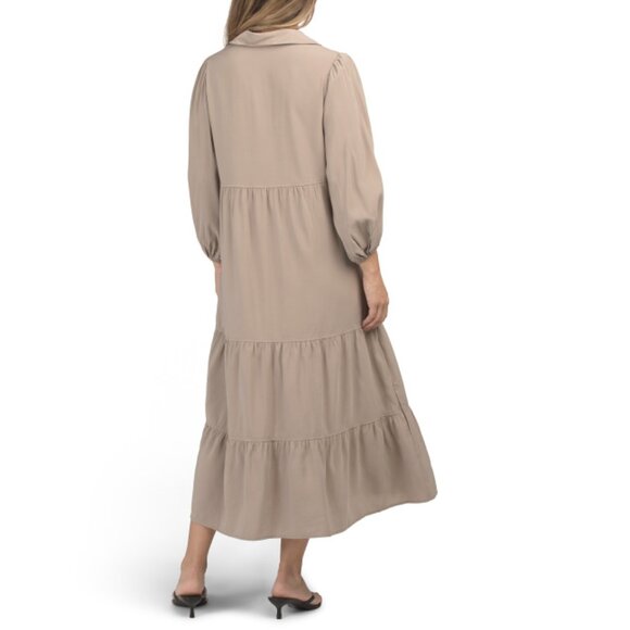 MAX STUDIO Cobblestone Three-quarter Sleeve Collared Tiered Midi Dress - Picture 2 of 2